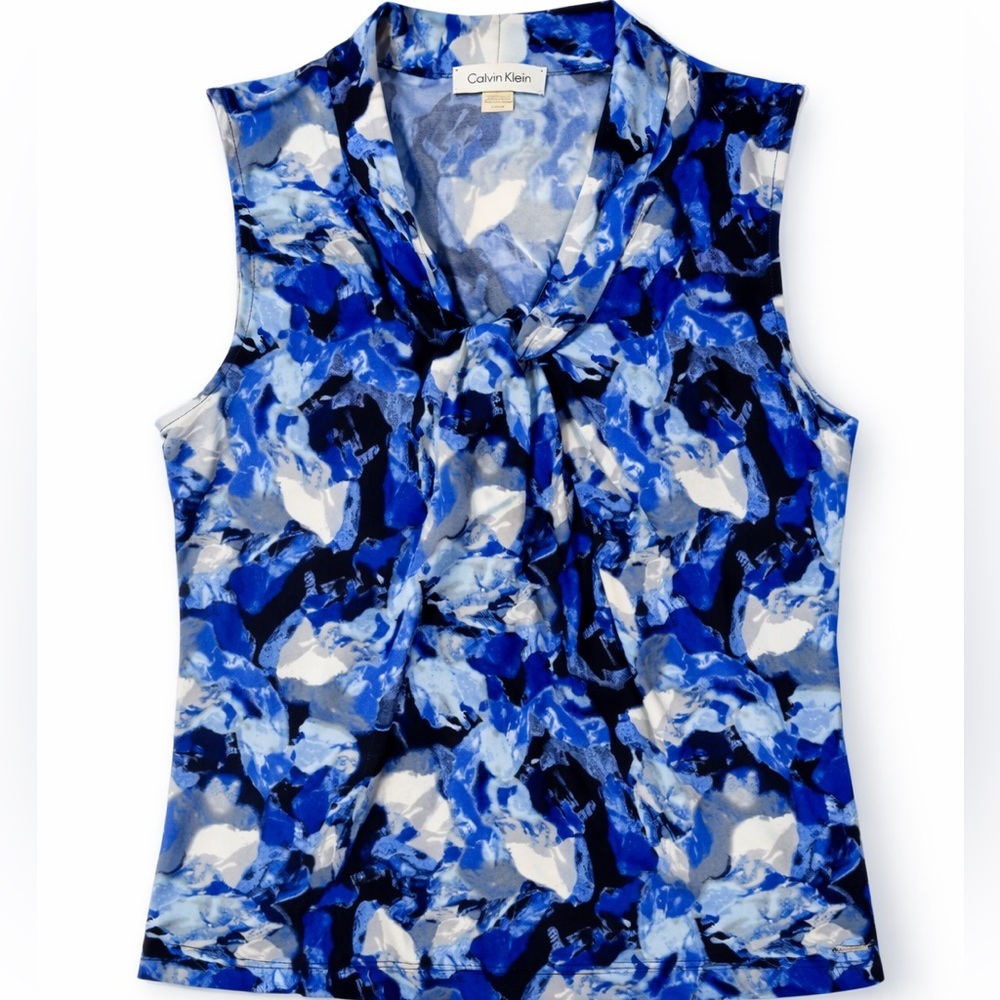Calvin Klein Floral Draped Neck Blouse Sleeveless Blue White Petite 8